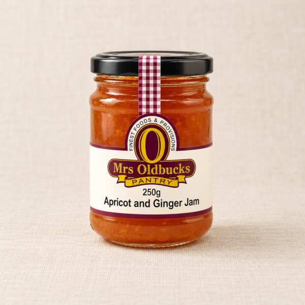 Mrs Oldbucks Pantry Apricot and Ginger Jam 250g glass jar on a warm beige linen background