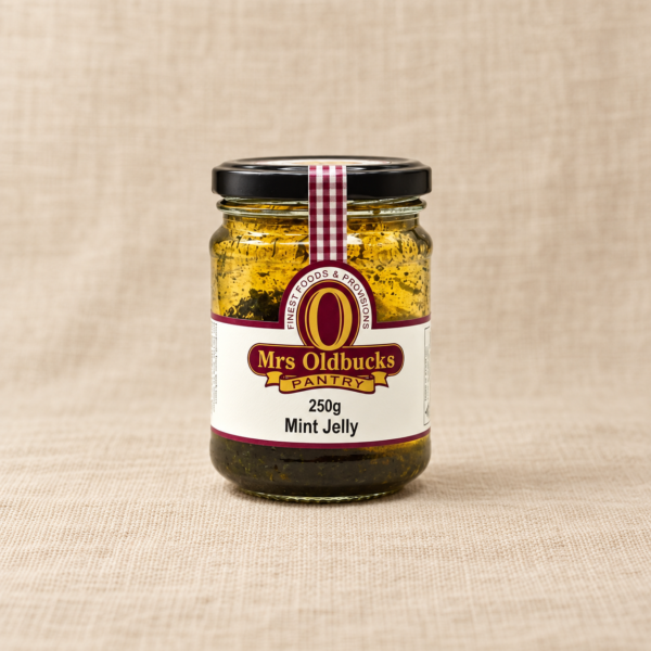 Mrs Oldbucks Pantry Mint Jelly 250g jar on a warm beige linen background