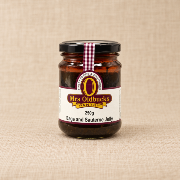 Mrs Oldbucks Pantry Sage and Sauterne Jelly 250g jar on a warm beige linen background