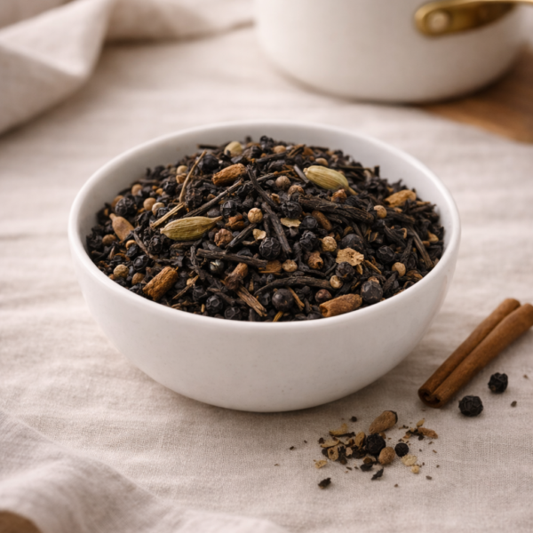 Mrs Oldbucks Pantry Bengahli Chai Loose leaf Chai black tea with cinnamon, cardamom and peppercorns in white ceramic bowl on soft neutral linen background.