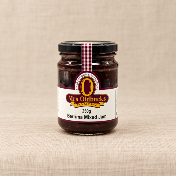 Mrs Oldbucks Pantry 250g Berrima Mixed Jam jar on a warm beige linen background