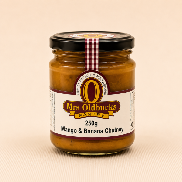 Mrs Oldbucks Pantry Mango & Banana Chutney 250g – gourmet tropical chutney made with mango and banana, perfect for curries, cheese platters, grilled chicken and sandwiches.