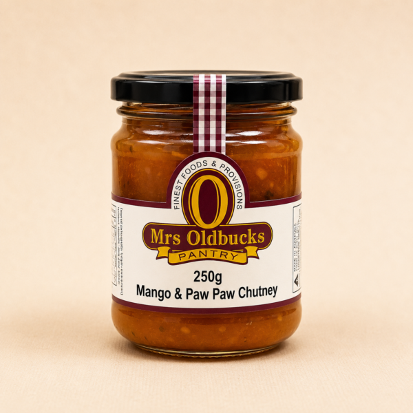 Mrs Oldbucks Pantry Mango & Paw Paw Chutney 250g – gourmet tropical chutney made with mango and paw paw, perfect for curries, grilled chicken, cheese platters and sandwiches.