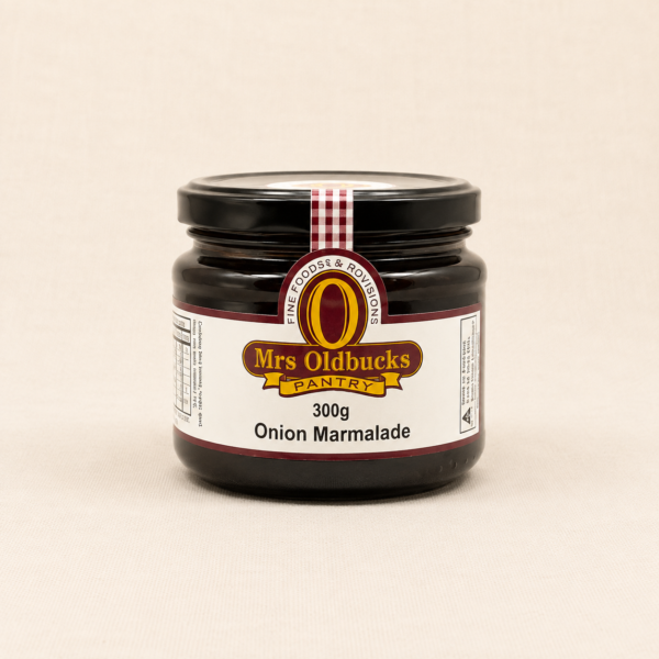 Mrs Oldbucks Pantry Onion Marmalade 300g in a glass jar on a soft linen background. Rich caramelised onion condiment perfect for cheese boards, burgers and roast meats