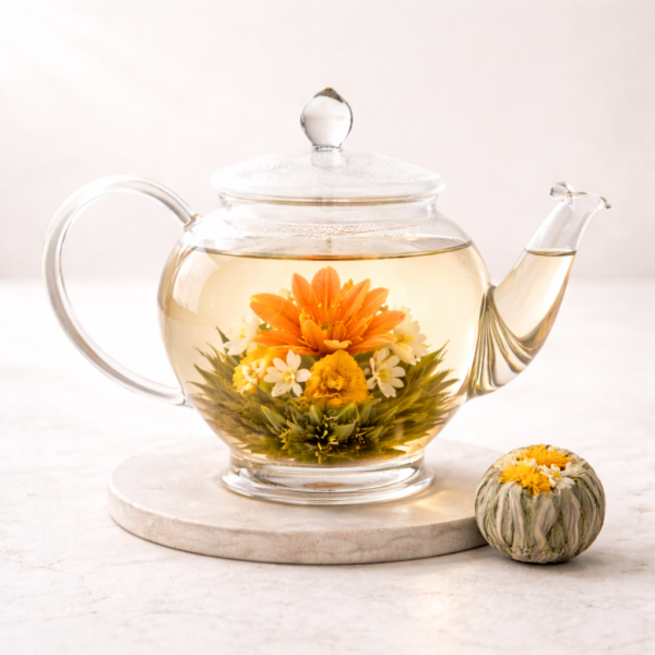 Mrs Oldbucks Pantry Orange Tigerlily Blooming Tea Clear glass teapot filled with pale golden tea and an Orange Tigerlily blooming tea unfurling in warm orange tones on a soft ivory background.