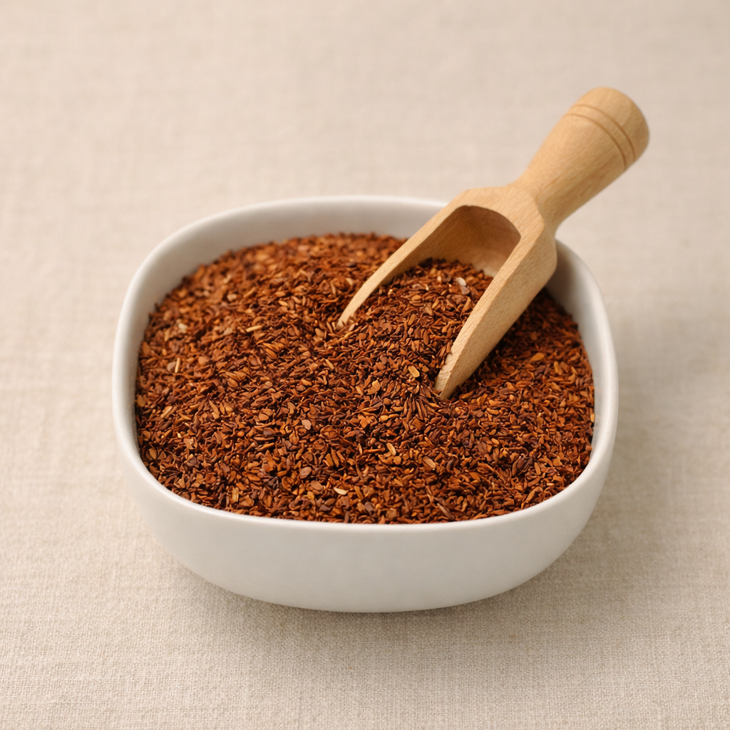 Mrs Oldbucks Pantry Organic loose leaf herbal tea in a white ceramic bowl, caffeine-free South African red bush tea.