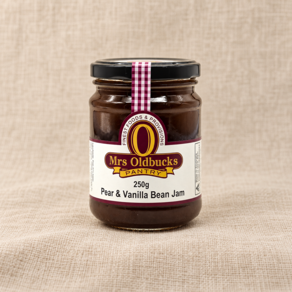 Mrs Oldbucks Pantry Pear and Vanilla Bean Jam 250g jar on a warm beige linen background
