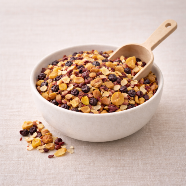 Mrs Oldbucks Pantry Pina Colada loose leaf fruit tea blend in a centred white ceramic bowl on warm neutral linen, with visible pineapple pieces, grated coconut and hibiscus and a light wooden scoop resting in the blend under soft top-left lighting.