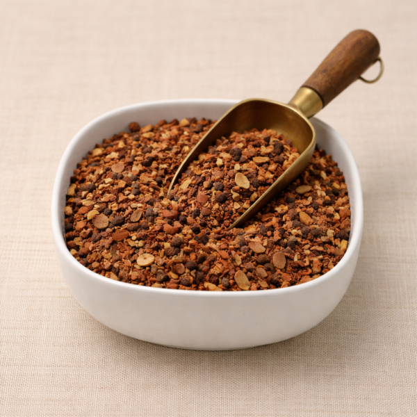 Mrs Oldbucks Pantry Rooibos Chai loose leaf tea in a white ceramic bowl on a soft neutral background, featuring South African redbush with cinnamon, cardamom, ginger and cloves.