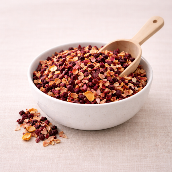 Mrs Oldbucks Pantry Strawberry Cream loose leaf fruit tea blend in a white ceramic bowl on warm neutral linen, with visible strawberry pieces and hibiscus under soft top-left lighting.