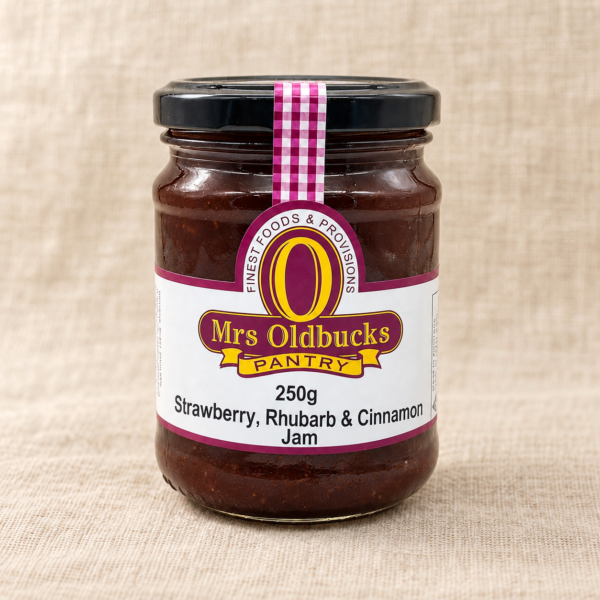 Mrs Oldbucks Pantry Strawberry, Rhubarb and Cinnamon Jam 250g jar on a warm beige linen background