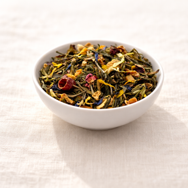 Mrs Oldbucks Pantry Sweet Turmeric loose leaf tea in a small white ceramic bowl on warm neutral linen. The blend features white and green tea leaves mixed with golden turmeric pieces, pineapple and apple bits, rosehip, calendula petals and delicate blue cornflower accents, softly lit from the top left in a refined, minimalist studio setting.