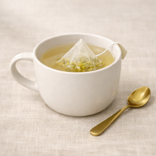 Mrs Oldbucks-pantry Chamomile Pyramid TeabagsPyramid tea bag gently steeping in a white ceramic cup on warm neutral linen, with a brass teaspoon beside the cup in soft top-left lighting.