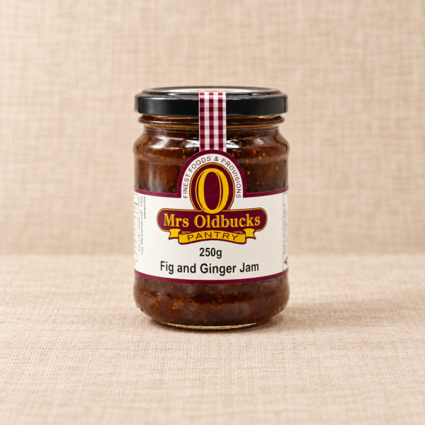 Mrs Oldbucks Pantry Fig and Ginger Jam 250g jar on a warm beige linen background