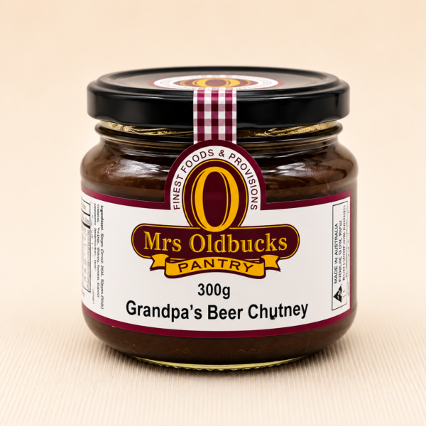 Mrs Oldbucks Pantry Grandpa's Beer Chutney 300g – rich gourmet beer chutney in a glass jar, perfect for burgers, sausages, roast meats and vintage cheddar.