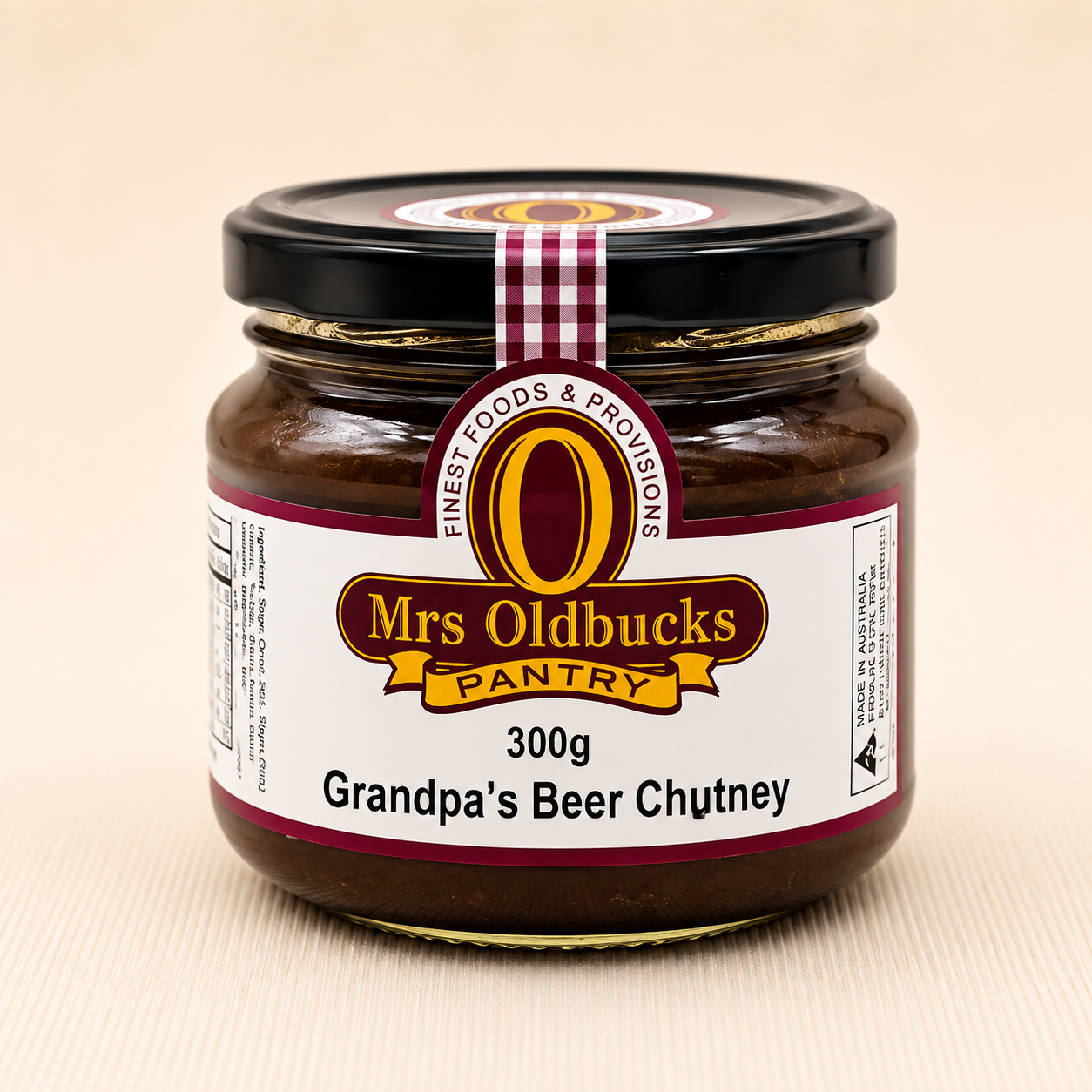 Mrs Oldbucks Pantry Grandpa's Beer Chutney 300g – rich gourmet beer chutney in a glass jar, perfect for burgers, sausages, roast meats and vintage cheddar.