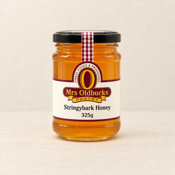 Mrs Oldbucks Pantry Stringybark Honey 325g glass jar filled with mid-amber Australian honey