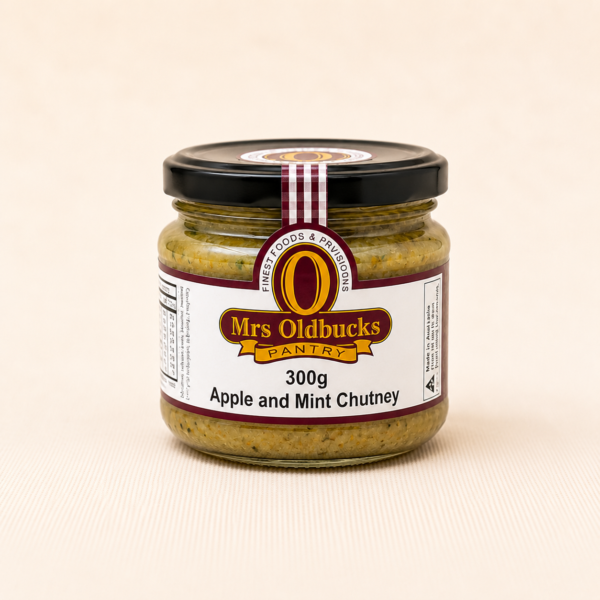 Mrs Oldbucks Pantry Apple & Mint Chutney 300g – gourmet apple and mint chutney in a glass jar, perfect with roast lamb, cheese platters and gourmet sandwiches.