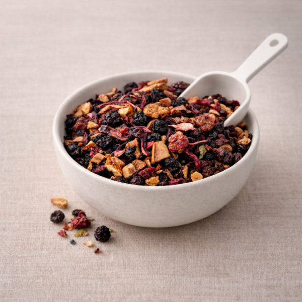 Mrs Oldbucks Pantry Grannys Garden loose leaf fruit tea blend in a centred white ceramic bowl on warm neutral linen, with a light wooden scoop resting beside the bowl and vibrant berry pieces visible in soft top-left lighting.
