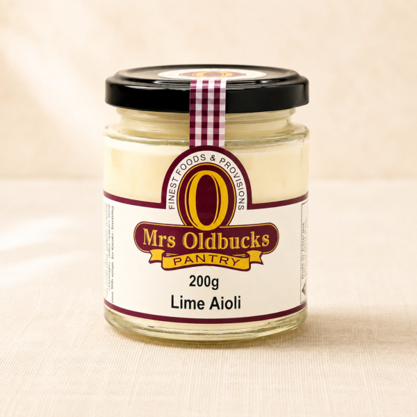 Mrs Oldbucks Pantry Lime Aioli 200g jar on a warm linen background