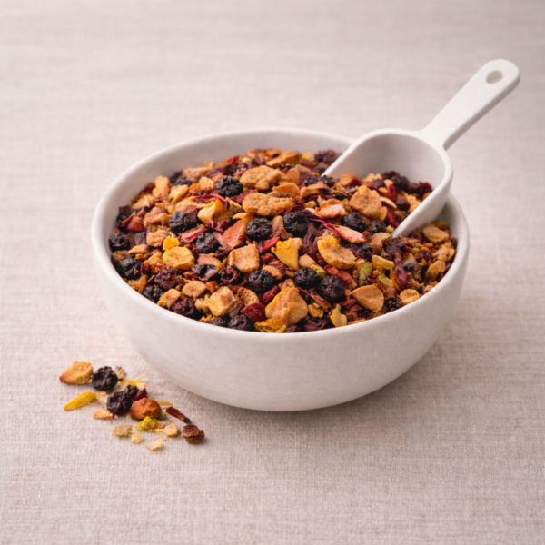 Mrs Oldbucks Pantry Peach Melba oose leaf fruit tea with peach pieces and hibiscus in a white ceramic bowl on neutral linen in soft natural light.