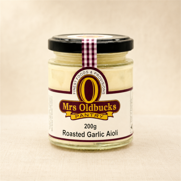 Mrs Oldbucks Pantry Roasted Garlic Aioli 200g jar on a warm linen background