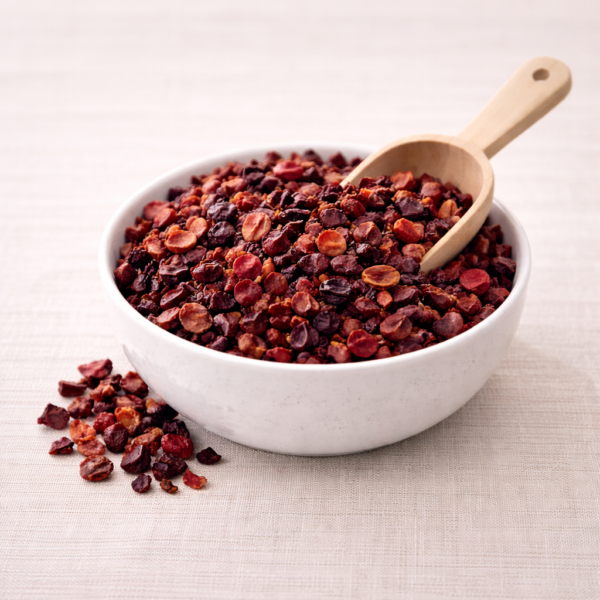 Mrs Oldbucks Pantry Wild Cherry loose leaf fruit tea blend in a white ceramic bowl on warm neutral linen, with deep red cherry pieces visible and a light wooden scoop resting in the blend under soft top-left lighting.