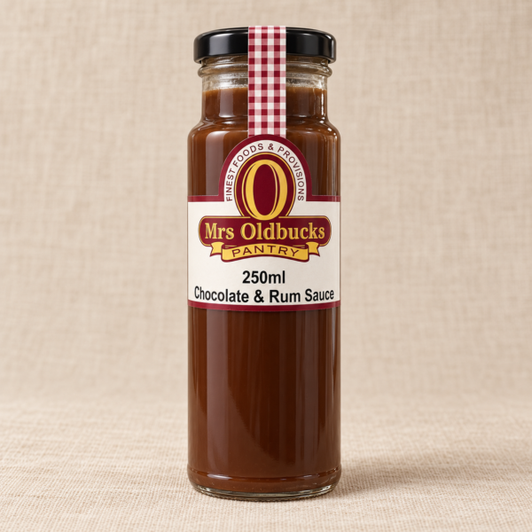 Mrs Oldbucks Pantry Chocolate & Rum Sauce 250 ml bottle on a warm beige linen background.