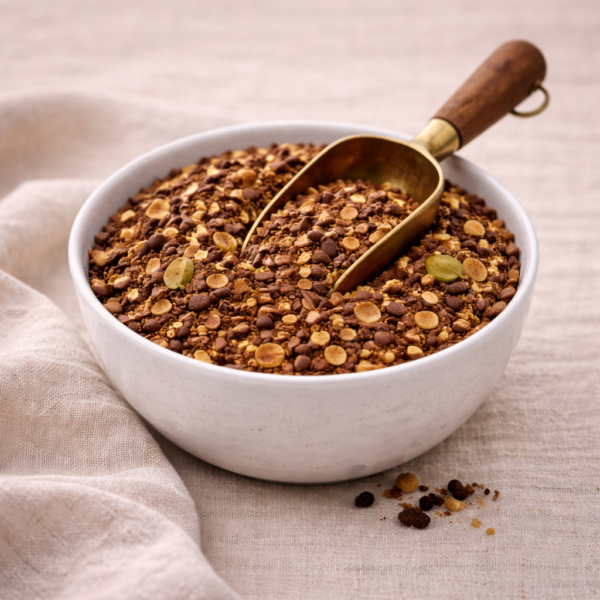 Mrs Oldbucks Pantry Rooibos Chai Massai loose leaf tea in a white ceramic bowl with brass and wooden scoop, caffeine-free South African redbush chai blend.