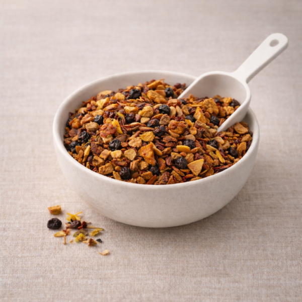 Mrs Oldbucks Pantry Hot Pumpkin Cakeoose leaf fruit tea blend in a centred white ceramic bowl on warm neutral linen, with a light ceramic scoop resting in the blend and visible pumpkin pieces, apple bits and spice flecks in soft top-left lighting.