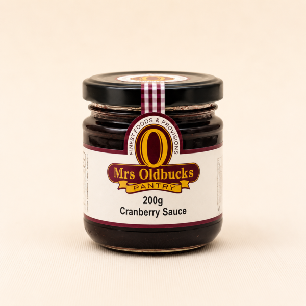 Mrs Oldbucks Pantry Cranberry Sauce 200g – gourmet cranberry sauce in a glass jar, perfect with turkey, ham, baked brie and cheese platters.