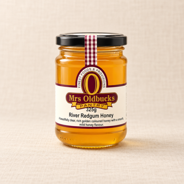 Mrs Oldbucks Pantry River Red Gum Honey 325g jar filled with clear golden honey