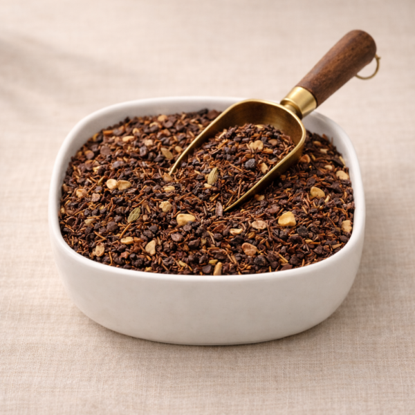 Mrs Oldbucks Pantry Rooibos Hot Chocolate.Rooibos Hot Chocolate loose leaf blend in a centred white square ceramic bowl on warm neutral linen, with a brass and wooden scoop resting in the tea. Cocoa kernels and spice pieces are visible among the fine rooibos leaves in soft top-left lighting