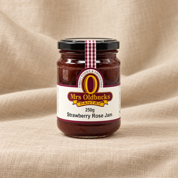 Mrs Oldbucks Pantry Strawberry Rose Jam 250g jar on a warm beige linen background