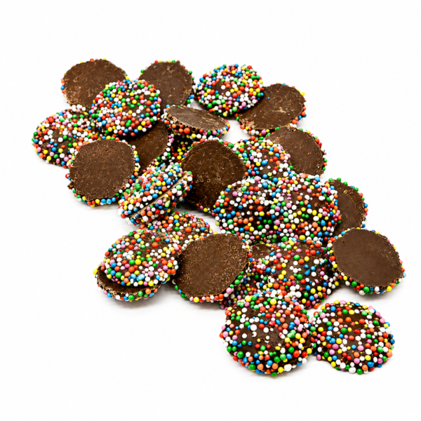 Mrs Oldbucks Pantry Milk Chocolate Freckles Milk chocolate freckles topped with colourful hundreds and thousands scattered on a clean white background in a square WooCommerce product image.