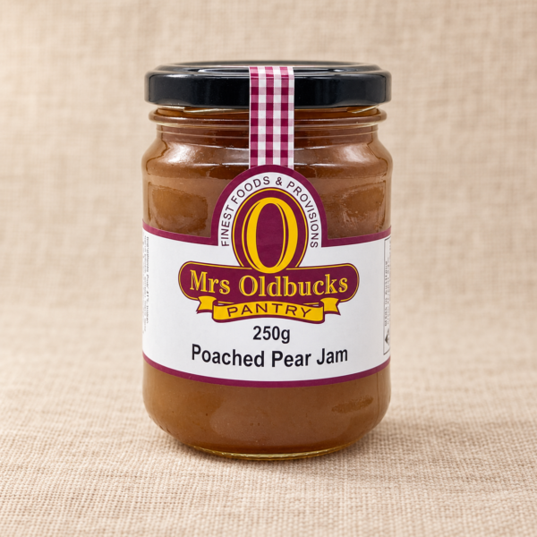 Mrs Oldbucks Pantry Poached Pear Jam 250g jar on a warm beige linen background