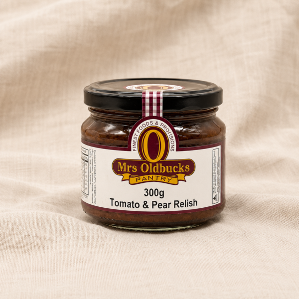 Mrs Oldbucks Pantry Tomato & Pear Relish 300g in a glass jar on a natural linen background, a gourmet Australian relish perfect for cheese boards, burgers, sandwiches and barbecue entertaining.