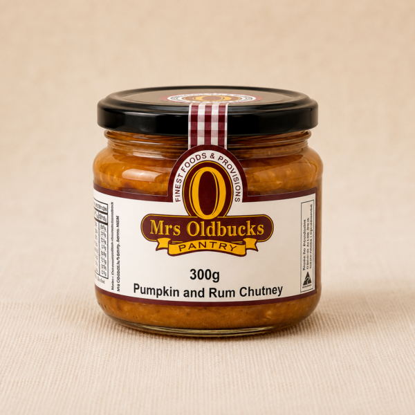 Mrs Oldbucks Pantry Pumpkin & Rum Chutney 300g in a glass jar on a natural linen background, ideal for cheese boards, roast meats and gourmet entertaining.