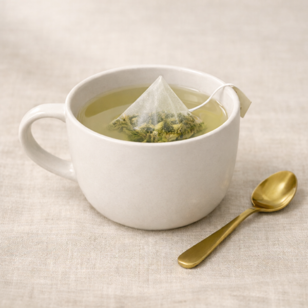 Mrs Oldbucks Pantry China Jasmine Pyramid Teabagspyramid tea bag gently steeping in a white ceramic cup on warm neutral linen, with a brass teaspoon beside the cup in soft top-left lighting.