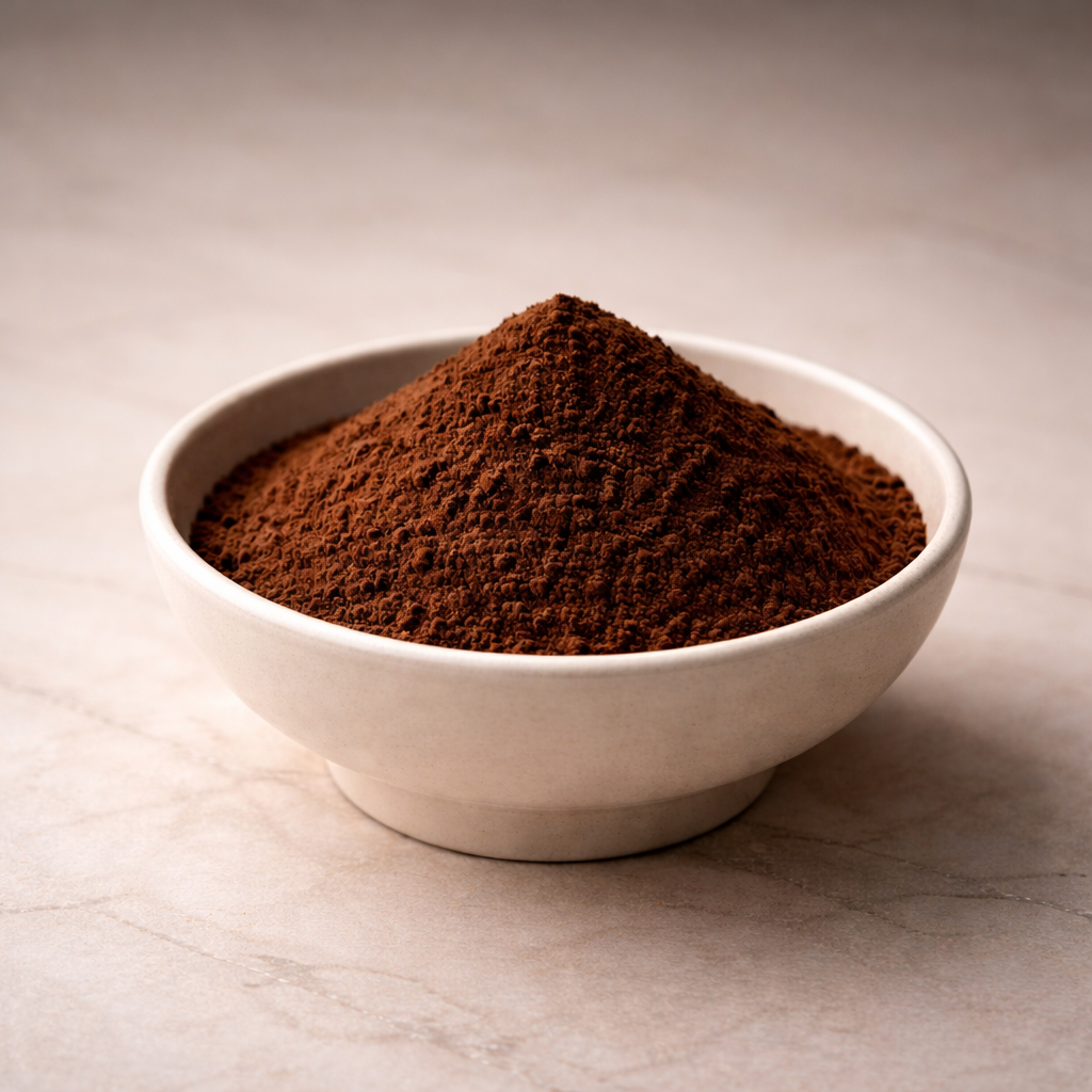 Mrs Oldbucks Pantry Dark And Sinful Chocolate Powder Ivory ceramic bowl powder, softly heaped on a warm neutral background in luminous, refined studio light