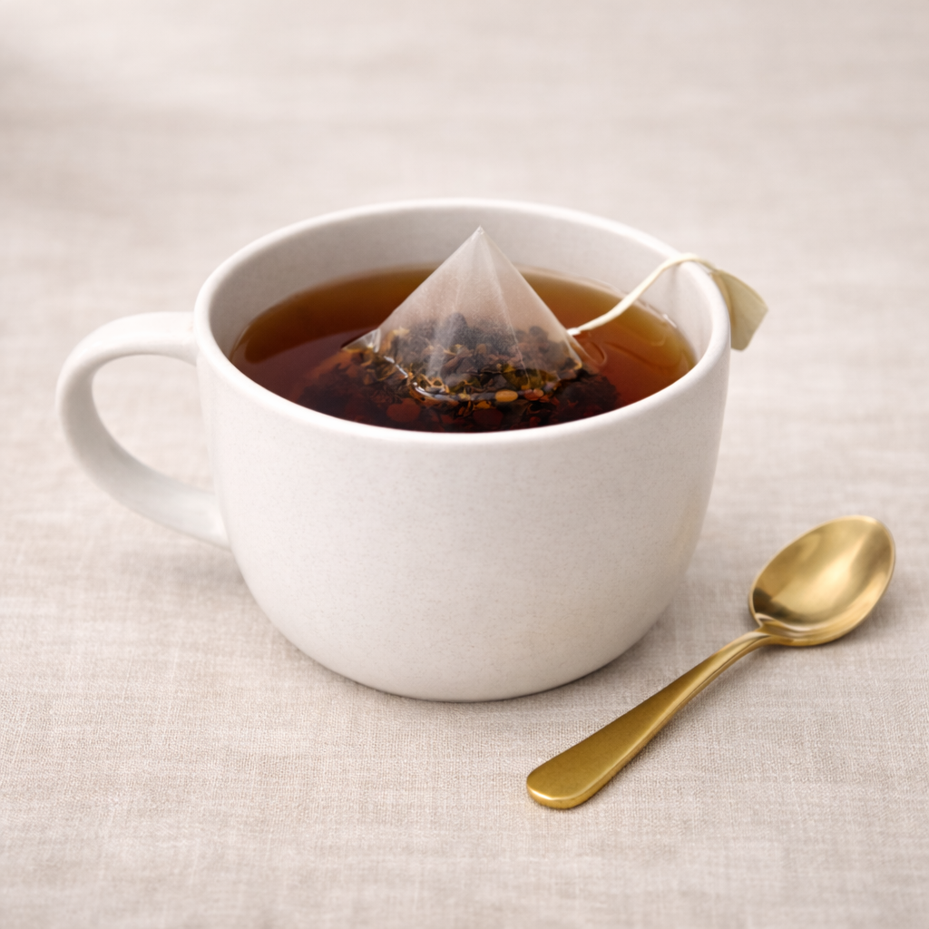 Mrs Oldbucks Pantry English Breakfast pyramid tea bag steeping in a white ceramic cup with deep amber liquor, set on warm neutral linen with a brass teaspoon beside the cup in soft top-left lighting.