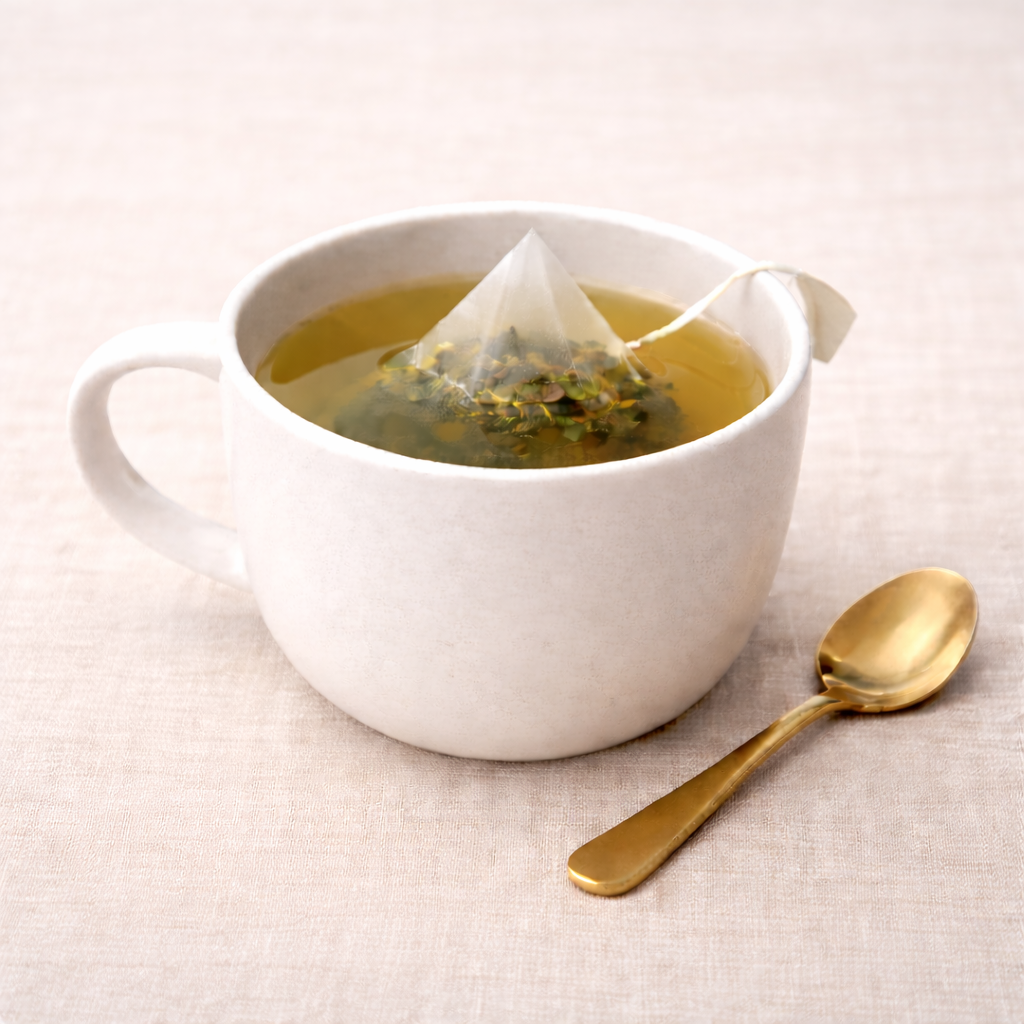 Mrs Oldbucks Pantry Organic Peppermint Pyramid Teabag steeping in a white ceramic cup with pale golden herbal infusion, set on warm neutral linen with a brass teaspoon beside the cup in soft top-left lighting.