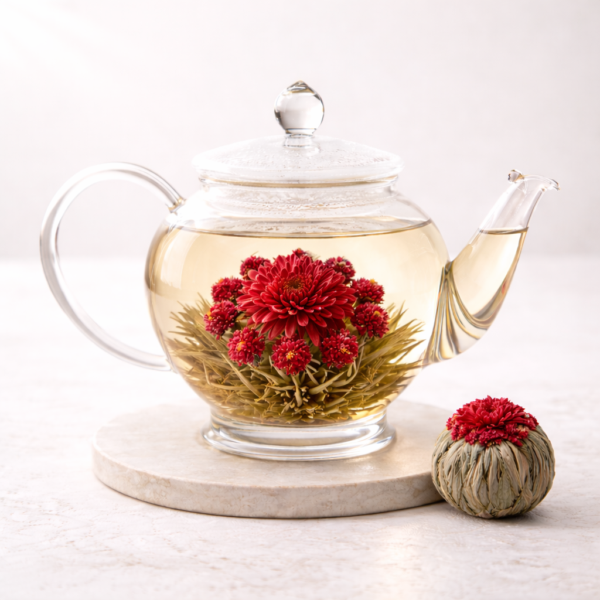 Mrs Oldbucks Pantry Red Crysantheum Flowering Teaball Clear glass teapot filled with pale golden white tea and a blooming Red Chrysanthemum tea featuring a vibrant red flower surrounded by tiny red blossoms on a soft ivory background with a single dry tea ball beside it.