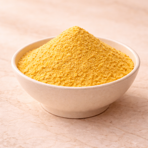 Mrs Oldbucks Pantry Tumeric Latte Shallow ivory ceramic bowl of golden turmeric chai latte powder, softly heaped on a warm neutral background in refined studio light.