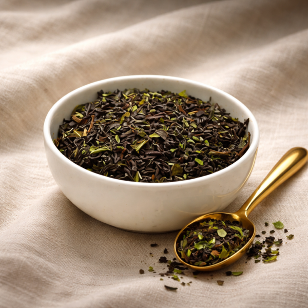 After Dinner Mint herbal tea blend in a white ceramic bowl with polished gold scoop at 4 o’clock, styled on soft neutral linen with subtle botanical spill and gentle top-left light