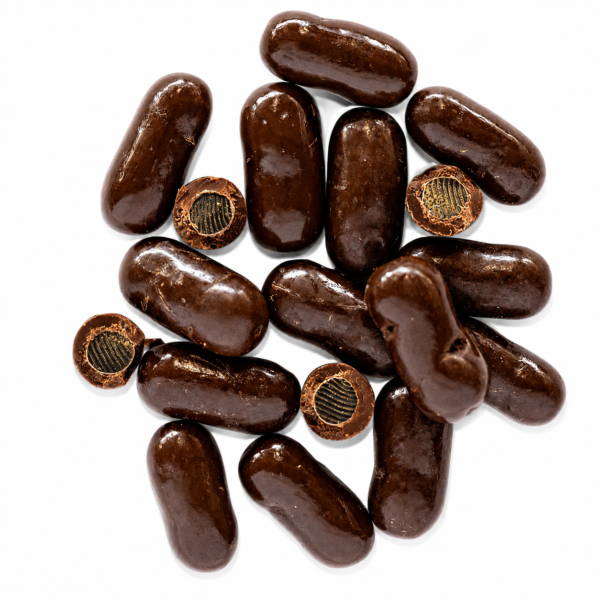 Mrs Oldbucks Pantry Dark Chocolate Bulllets Glossy dark chocolate-coated liquorice bullets arranged on a clean black background, with several pieces cut open to reveal the liquorice centre in a square WooCommerce product image