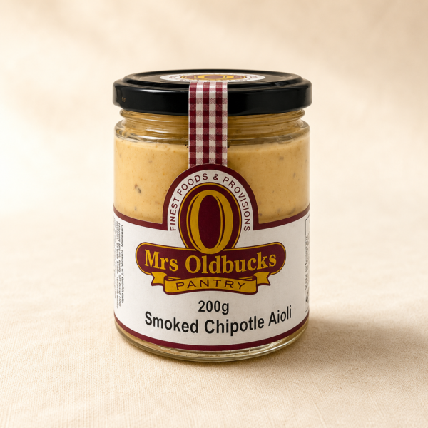 Mrs Oldbucks Pantry Smoked Chipotle Aioli 200g jar on a warm linen background