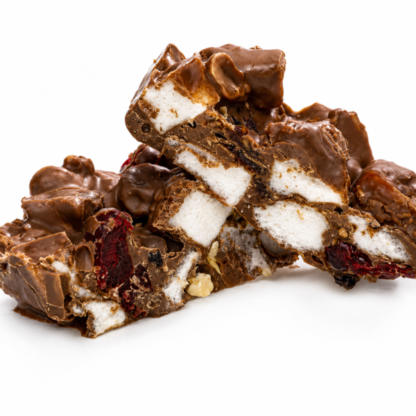 Mrs Oldbucks Pantry Milk Chocolate Rocky Road Chunks of milk chocolate rocky road filled with fluffy marshmallows, nuts and fruit pieces, arranged on a clean neutral background in a square WooCommerce product image