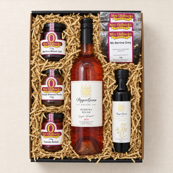 A Taste of Berrima gift hamper with wine, olive oil, jam, honey, relish and Mrs Oldbucks tea