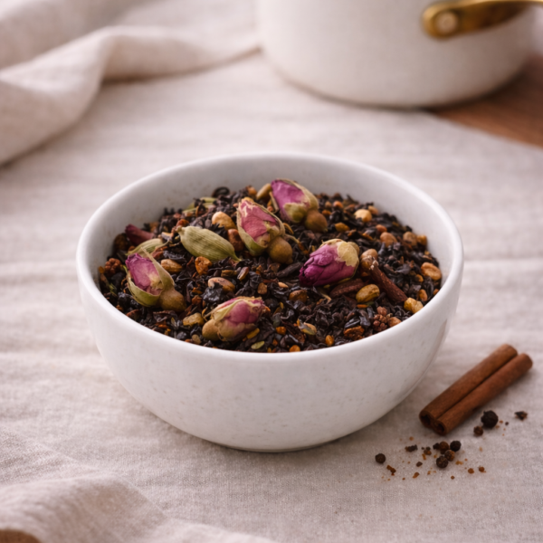 Mrs Oldbucks Pantry Decaffeinated Chai Loose leaf Masala Chai black tea with cinnamon, cardamom and peppercorns in white ceramic bowl on soft neutral linen background.